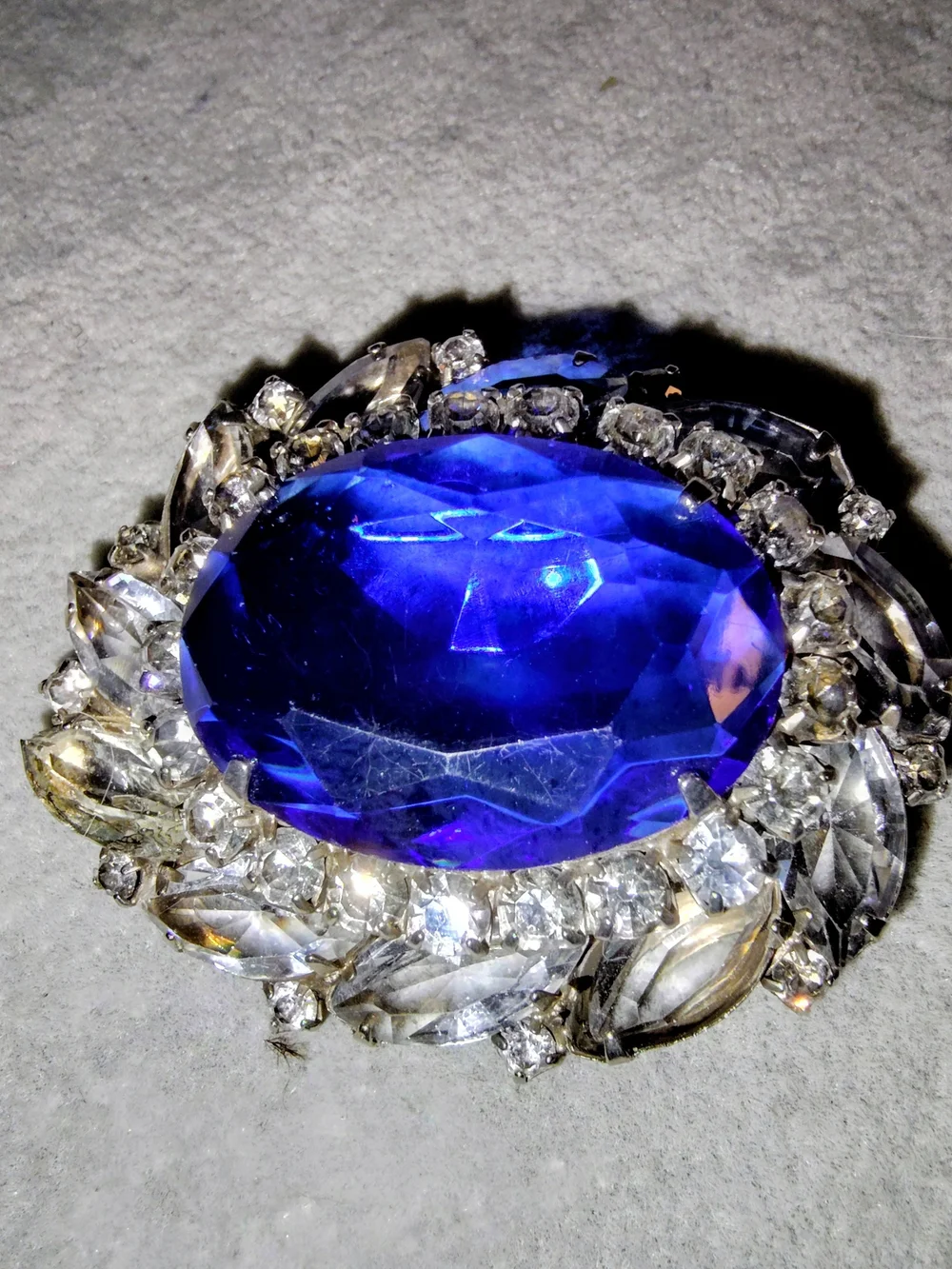 Circa 1960s Blue Crystal Marquise Statement Brooch 2.5×2